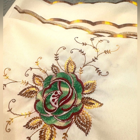 VTG Floral Embroidered Tablecloth 70’s 80’s golds, tans and greens 55 x 58” - Picture 1 of 10